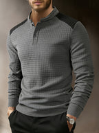 Men's Autumn Stand Collar Button-Up Polo Shirt - Textured Button-Front Placket & Half-Door Collar, Long Sleeve Suitable for Daily Wear, Casual Button-Polo for Weekend Outfits, Gift for Boyfriend/Husband, Hand Washable (Regular Fit) - Dark Gray