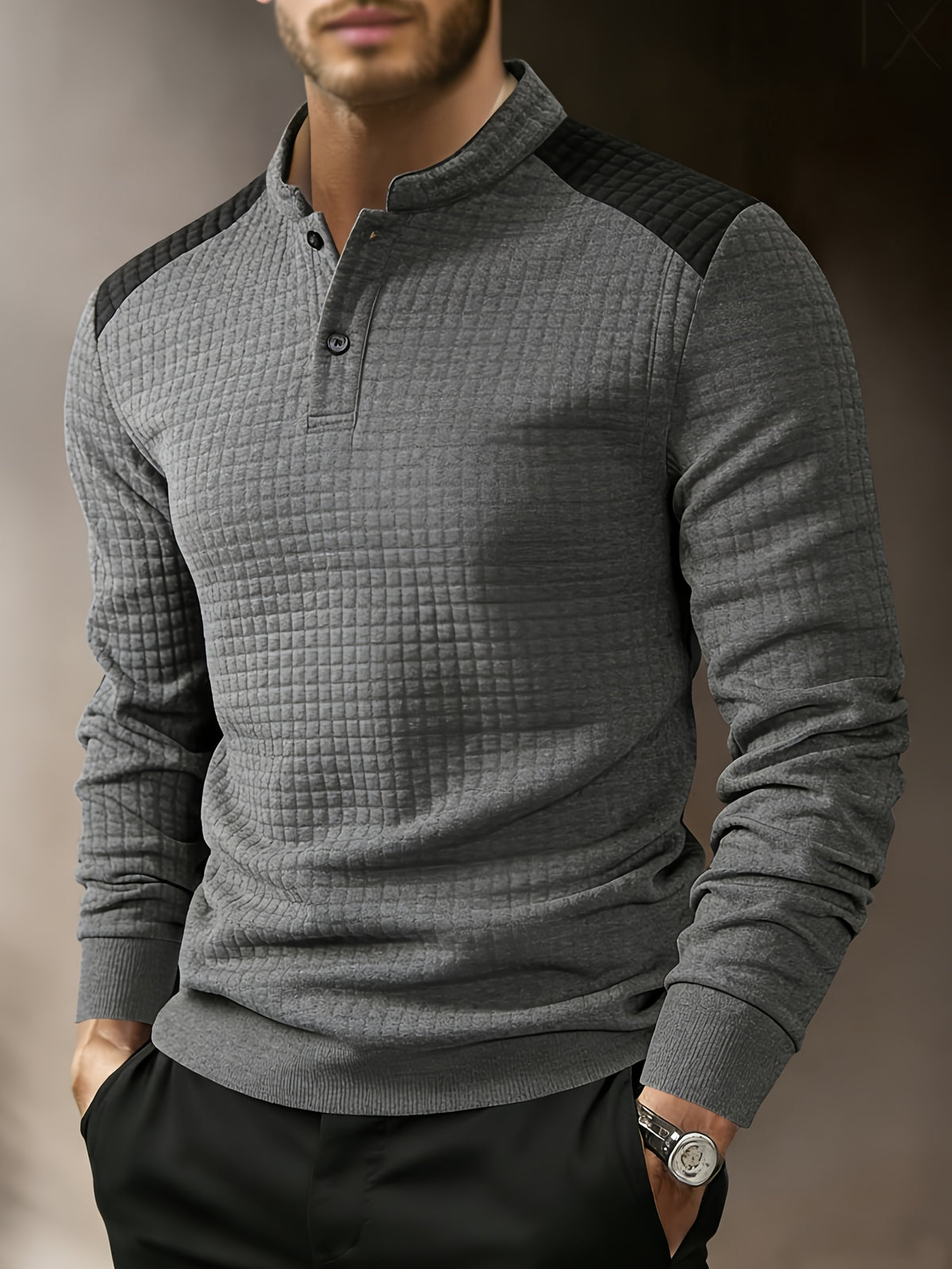 Men's Autumn Stand Collar Button-Up Polo Shirt - Textured Button-Front Placket & Half-Door Collar, Long Sleeve Suitable for Daily Wear, Casual Button-Polo for Weekend Outfits, Gift for Boyfriend/Husband, Hand Washable (Regular Fit) - Dark Gray