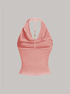 White Halter Neck Strapless Tank Top, Women's Solid Color Sexy Sleeveless Outerwear Top - pink color