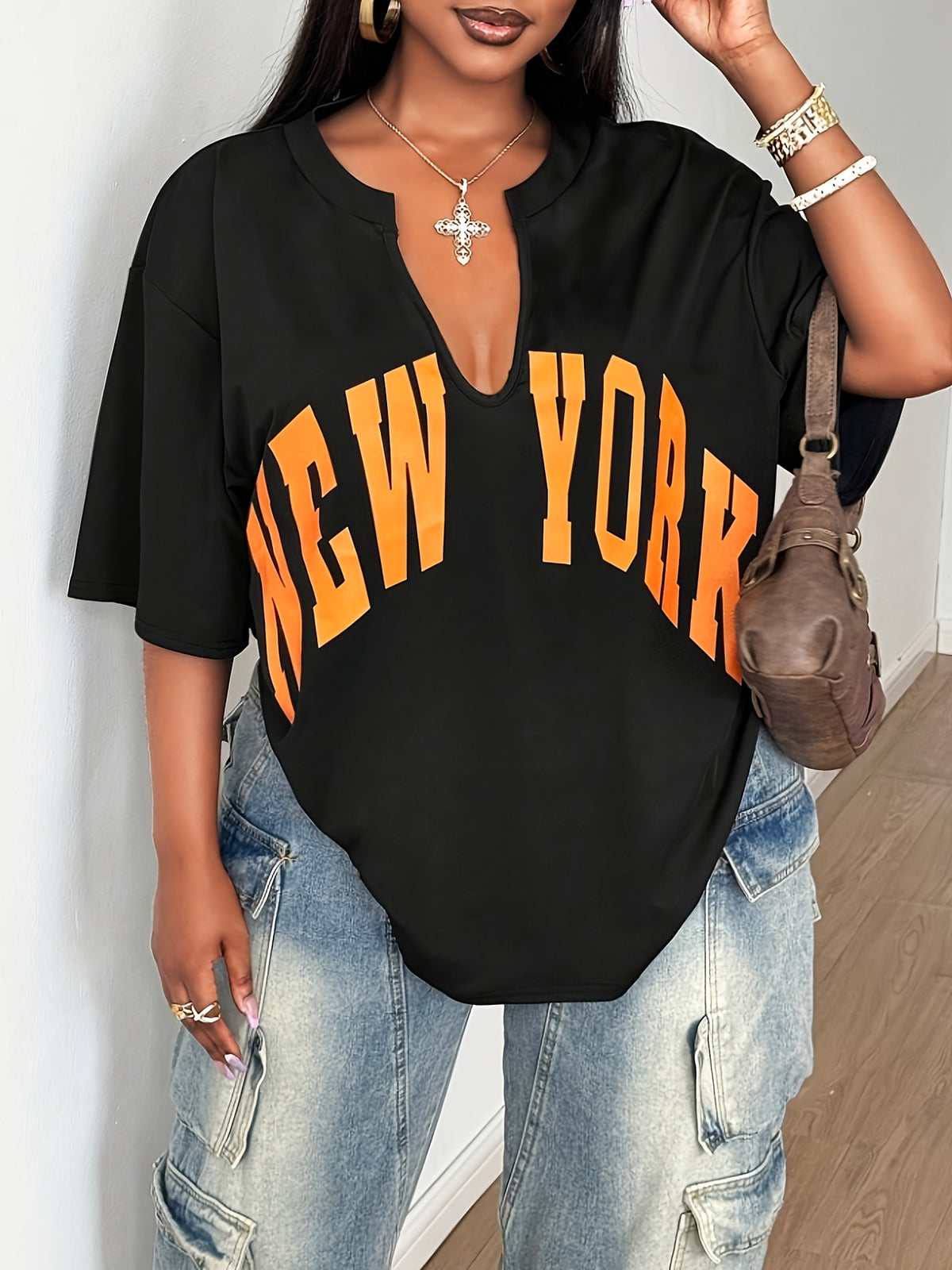 [Development QD260116175] Women's Letter Print V-Neck Drop Shoulder Sleeve Loose Fit T-Shirt for Daily Casual Wear - Black