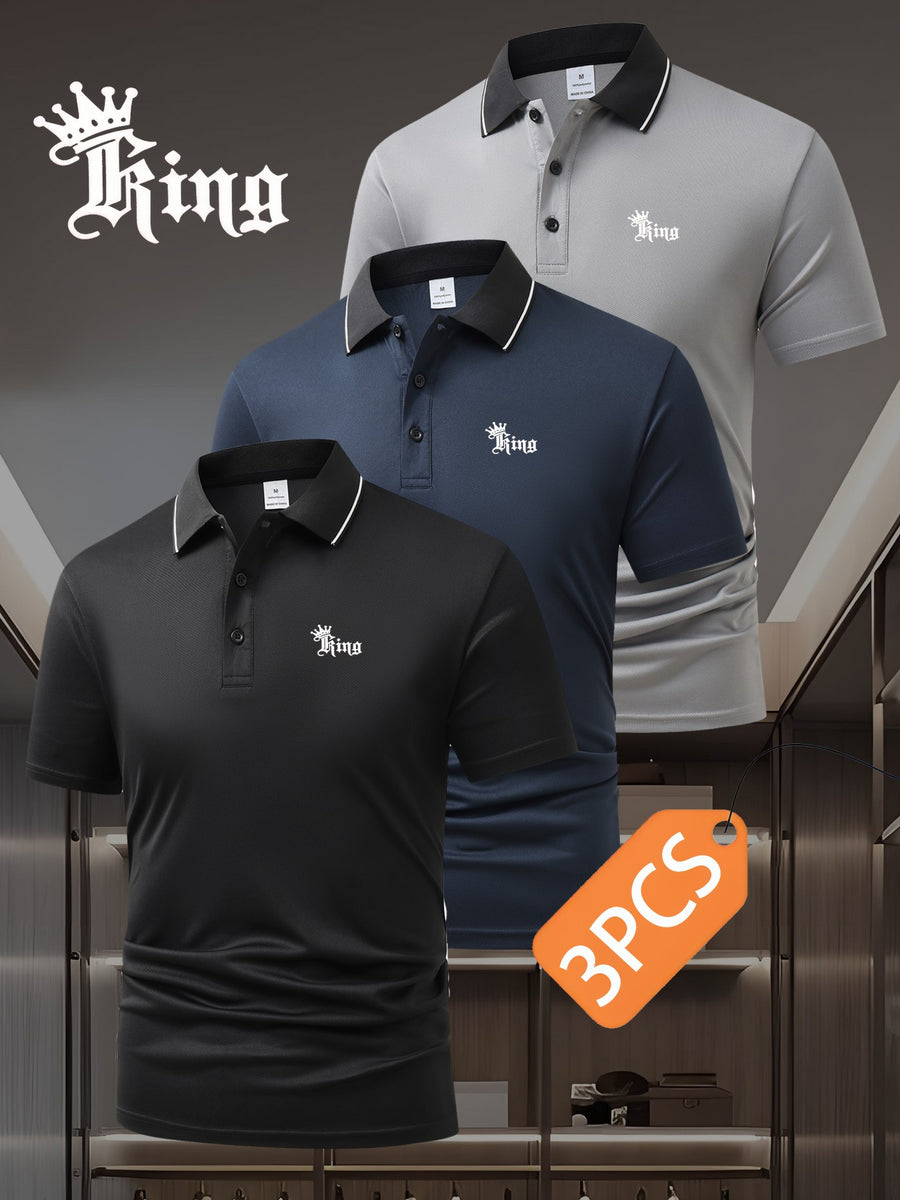 3pcs Set S20.32-2400.3 cmKING" Letter Logo New Men's Fashion Color-Block Quick-Dry Polo Shirt, Regular Fit Button Print, Golf Tennis Training Casual Sports Top - Navy Blue+black+gray