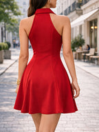 Women's V-neck A-line Mini Dress, Sleeveless Suitable for & Glitter Skating Dress Work, Daily, Party - Red