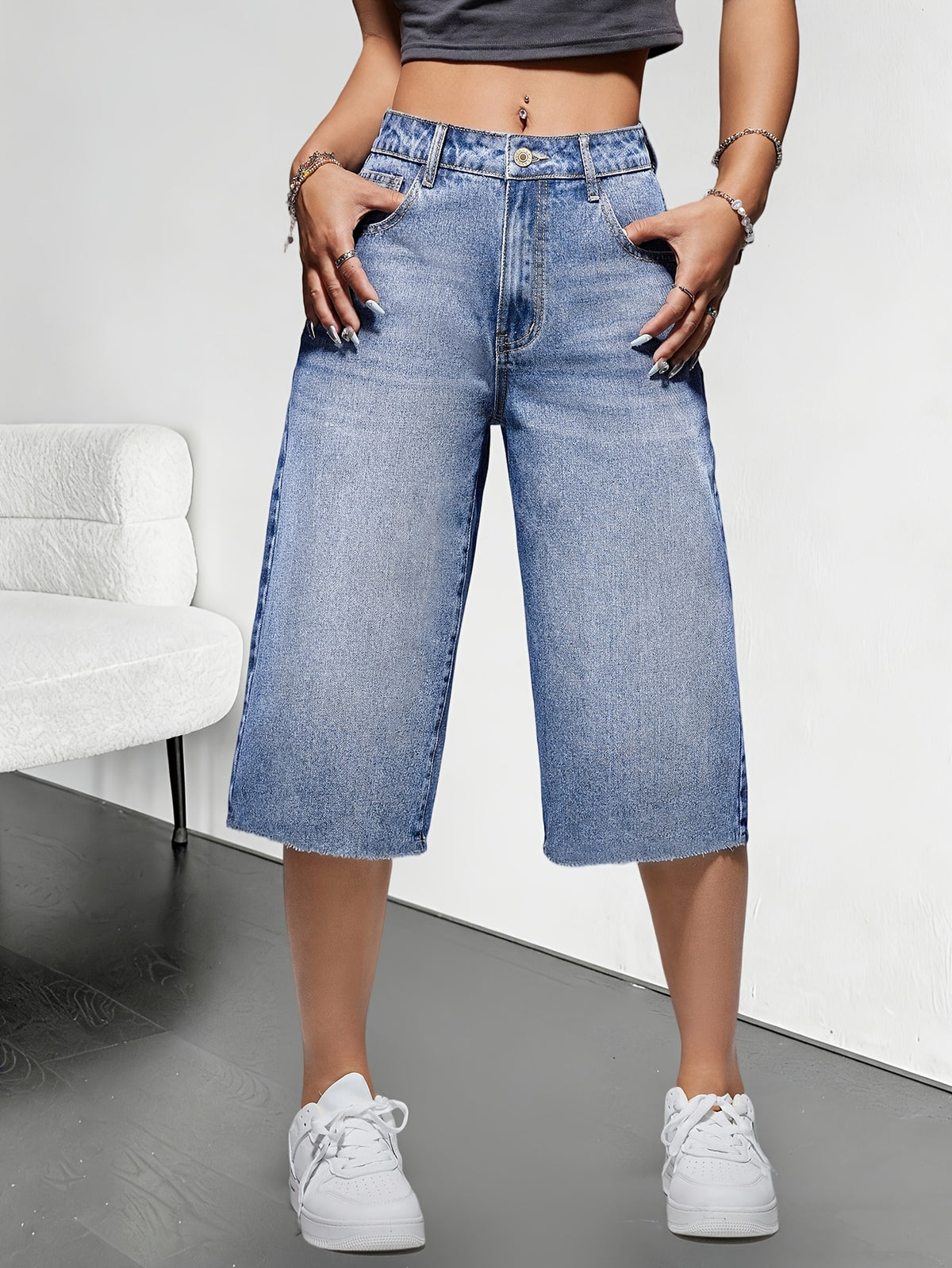 Blue Fashion Slight Elasticity Wide Leg Cropped Pants for Spring/Summer 2026 Denim Jeans - Sky Blue
