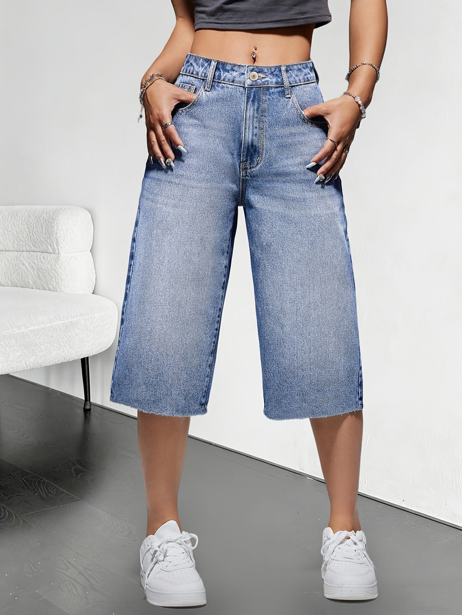 Blue Fashion Slight Elasticity Wide Leg Cropped Pants for Spring/Summer 2026 Denim Jeans - Sky Blue