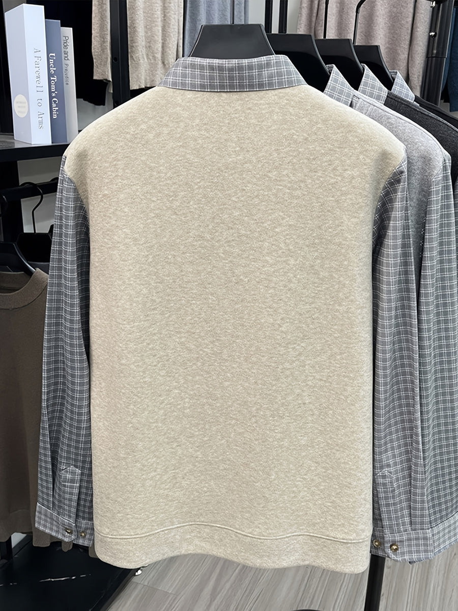 Men'S Plaid Shirt Collar Faux Two-Piece Knit Long Sleeve, Business Casual Fit for Most Body Types, Suitable for Single Wear Or Layering - SINBOS - Oatmeal Apricot