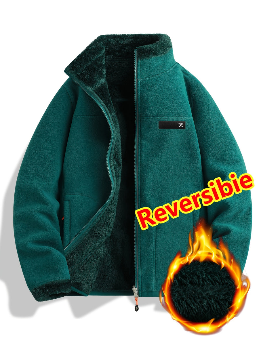Women's Spring Casual Jacket, Thickened Shaggy Warm Printed Reversible Coral Sweatshirt, Double-Sided Outerwear - Emerald Green