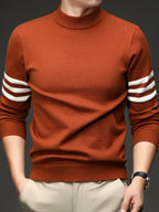[Wading Whale OBM] 1pc Autumn Winter New Men'S Knit Pullover Sweater, Old Money Style Contrast Striped Round Neck Long Sleeve Knit Sweater for Men, Business Casual Fashion Striped Sweater, Suitable for Spring, Autumn, Winter Layering Or Inner Wear - Tangerine