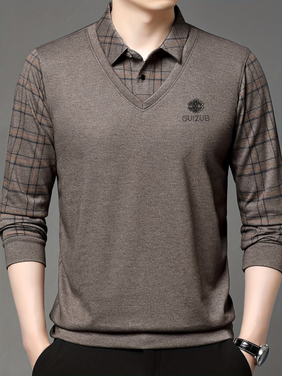Striped Long-Sleeve Men'S Faux Two-Piece Top, Thin Autumn Winter Base Layer T-Shirt - Khaki