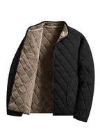 Men's Winter -Lined Padded Coat, Solid Color with Diamond Diagonal Stitching, Pockets, Stand-Up Collar, Casual Warm Outerwear - Black
