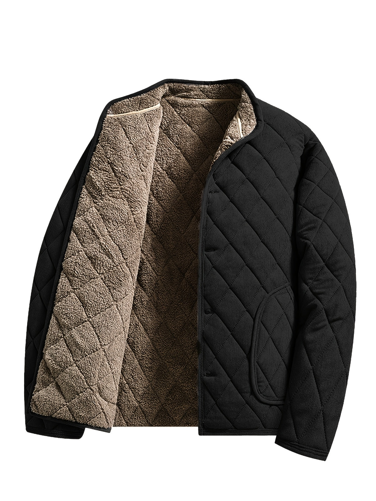 Men's Winter -Lined Padded Coat, Solid Color with Diamond Diagonal Stitching, Pockets, Stand-Up Collar, Casual Warm Outerwear - Black