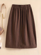 Spring/Summer/Autumn Lightweight Korean-Style Vintage Linen Loose Skirt with Elastic Waistband and Pockets, Mid-Length Women's Skirt - Coffee Brown