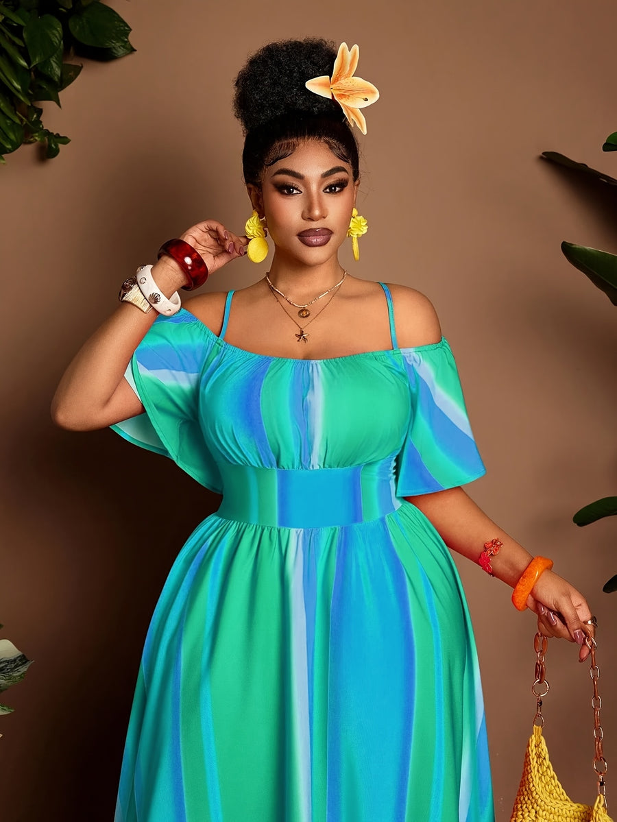 Plus Size Women'S Printed New Spring Summer Off-Shoulder Long Dress - Green