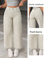 Classic Fashion Everyday Women's Non-Stretch Versatile Washed Denim Raw Hem High-Waist Wide-Leg Pants - Granny Gray