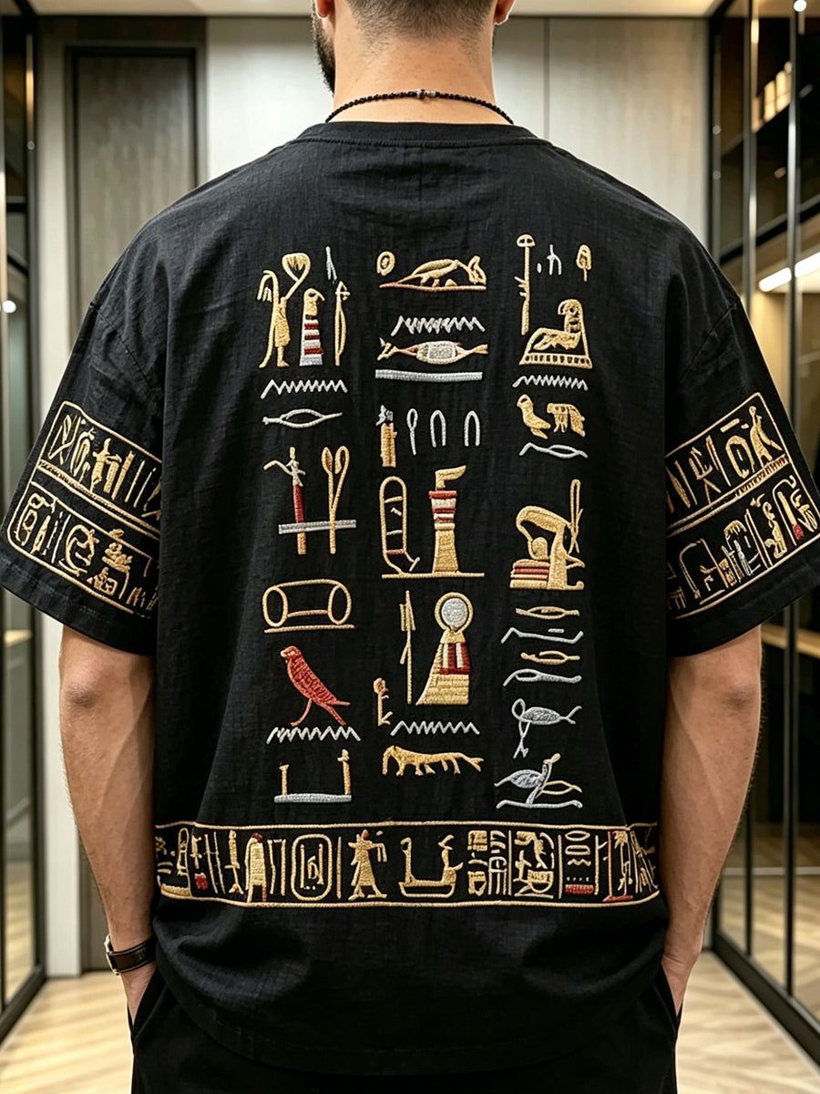 [Print Design - Not Textured] Street Retro Exotic Style Egyptian Hieroglyphic Theme Print Men'S T-Shirt, Breathable And Comfortable Summer Style, Fashionable Perfect Gift - Mixed colors