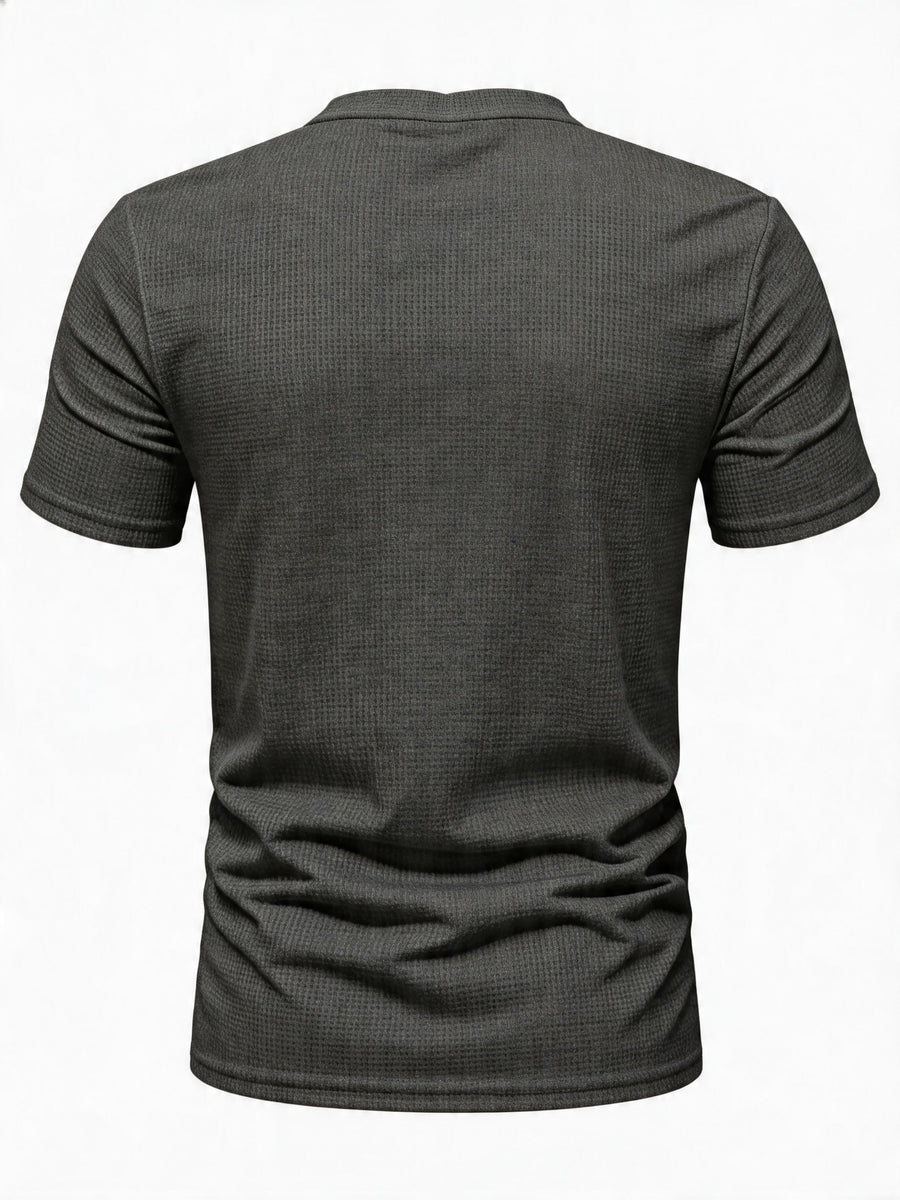 [180G 95% Polyester] Men'S Casual Waffle V-Neck Short Sleeve Top, Breathable Comfortable Chest Patch Style, Men'S Comfortable High-Quality High-Fit Rate Casual Sports T-Shirt Summer Global All Seasons Base Layer Factory Made - Dark Gray
