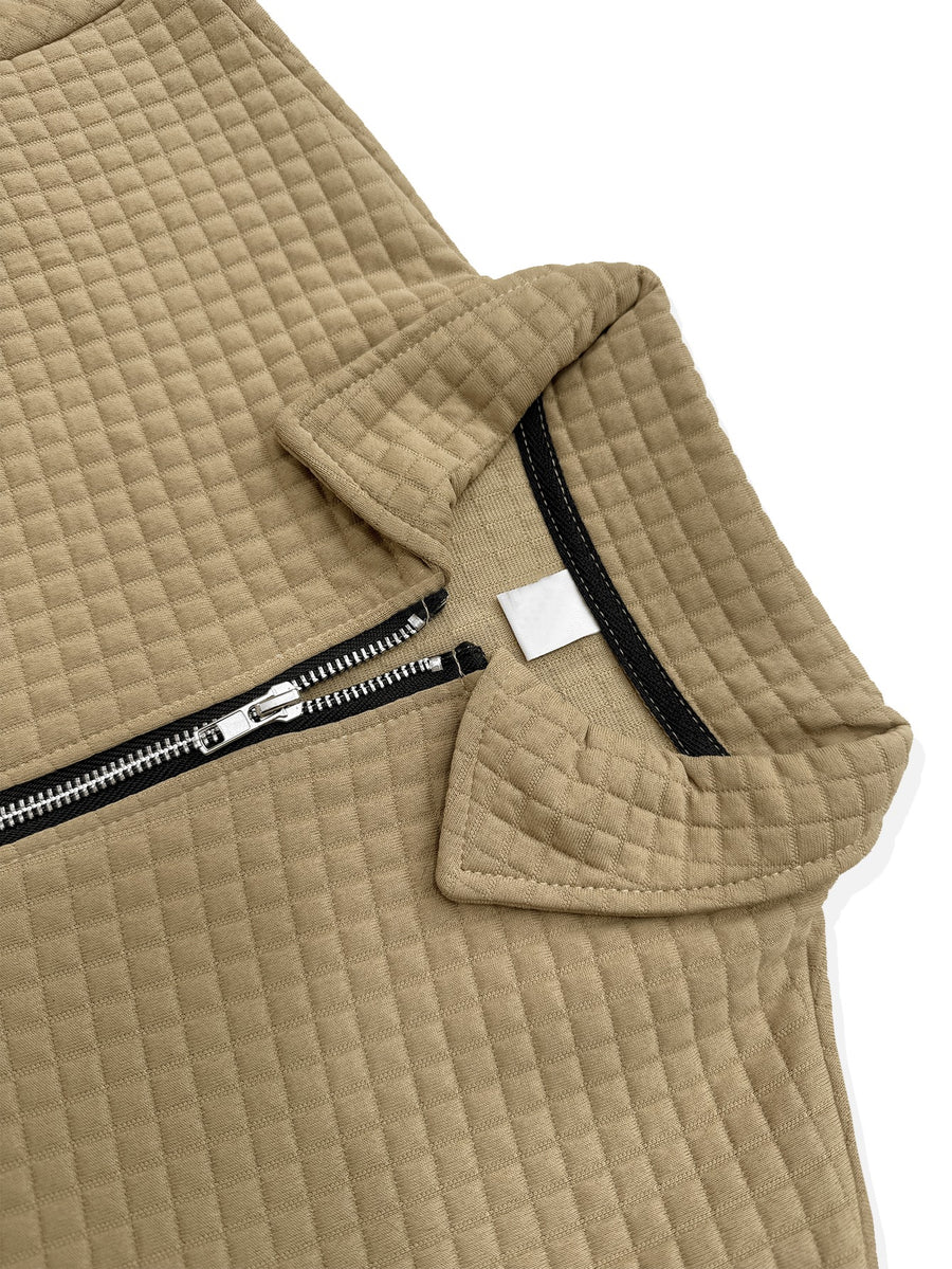 National Charm Tiger Head Line Art Print Floral Waffle Knit Half-Zip Polo Long Sleeve Men's Casual Top, Featuring a Simple and Premium Texture That Complements All Dressing Styles. Easily Create a Minimalist Look, Whether for Daily Commutes - Khaki