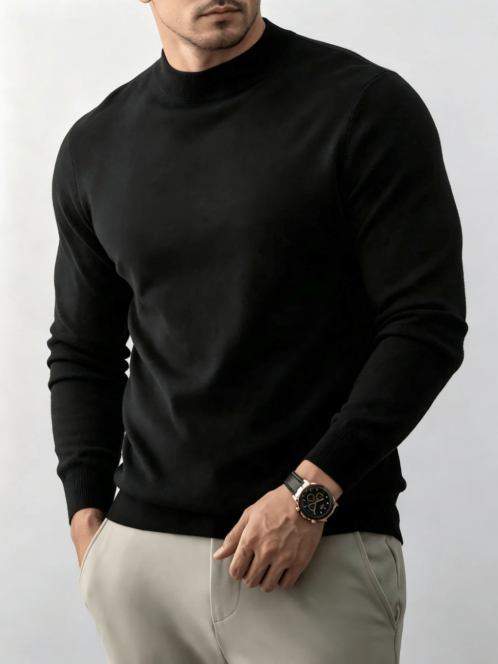 Autumn And Winter New High-End Slim Fit Half-High Collar Knit Long-Sleeve Top Suitable for Mature Men for Commuting, Business / Weekend Casual / Light Business Gatherings, Long-Sleeve Sweater, Mid-Aged Men'S Versatile Long-Sleeve Knit Sweater - Black