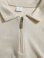 Autumn Men'S Ribbed Long Sleeve Polo Shirt Print Half-Zip Stand Collar Slim Fit Breathable T-Shirt - Khaki