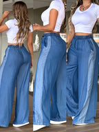 Women'S Summer Color-Block Wide-Leg Trousers, Elastic Waist Drawstring Casual Commuter Long Pants - Blue