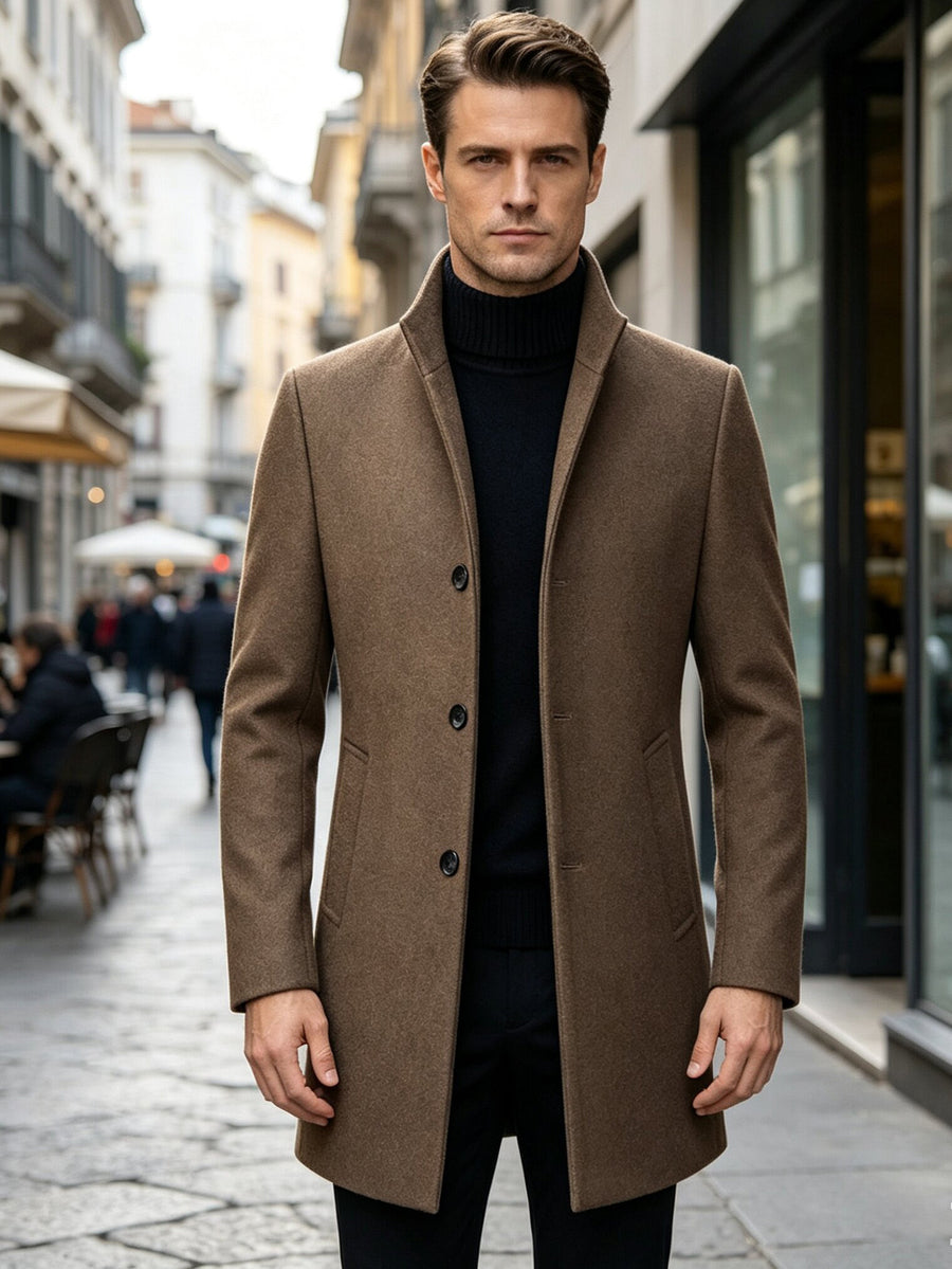 Autumn Winter Thick Warm Windproof Solid Color Stand Collar Coat, Classic Easy Retro Casual All-Match British Old Money Style Elegant Gentleman Jacket - Camel