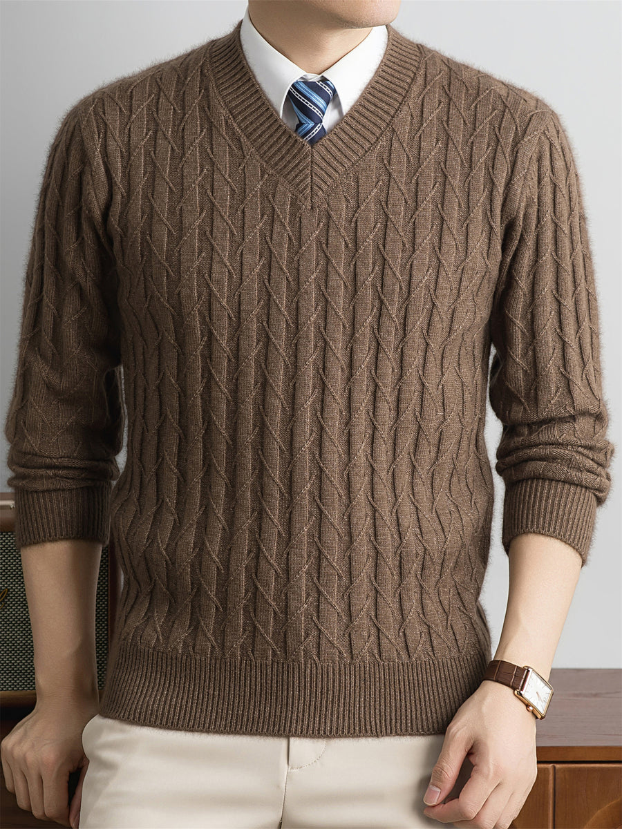Men's Solid Color V-Neck Sweater - Thick Warm Knit Pullover Sweater Suitable for Fall/Winter, Casual Long-Sleeve Knitwear, Basic Basic Knit Sweater for Office & Casual Attire, Hand Washable, All Sizes Available - Coffee