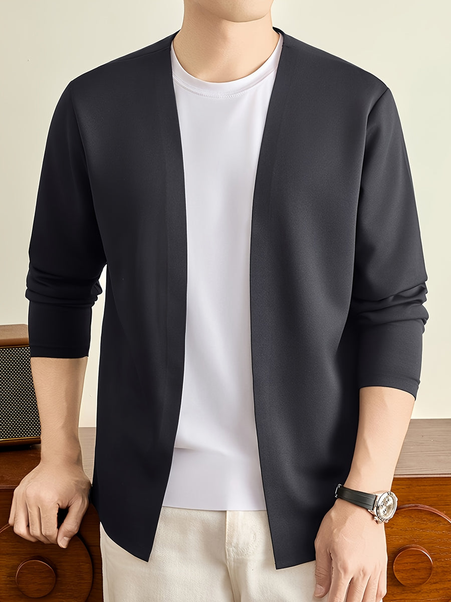 Men's Open Front Cardigan Long Sleeve V Neck Lightweight Solid Color Outerwear Casual Business Layering Jacket for Daily Wear - Grey