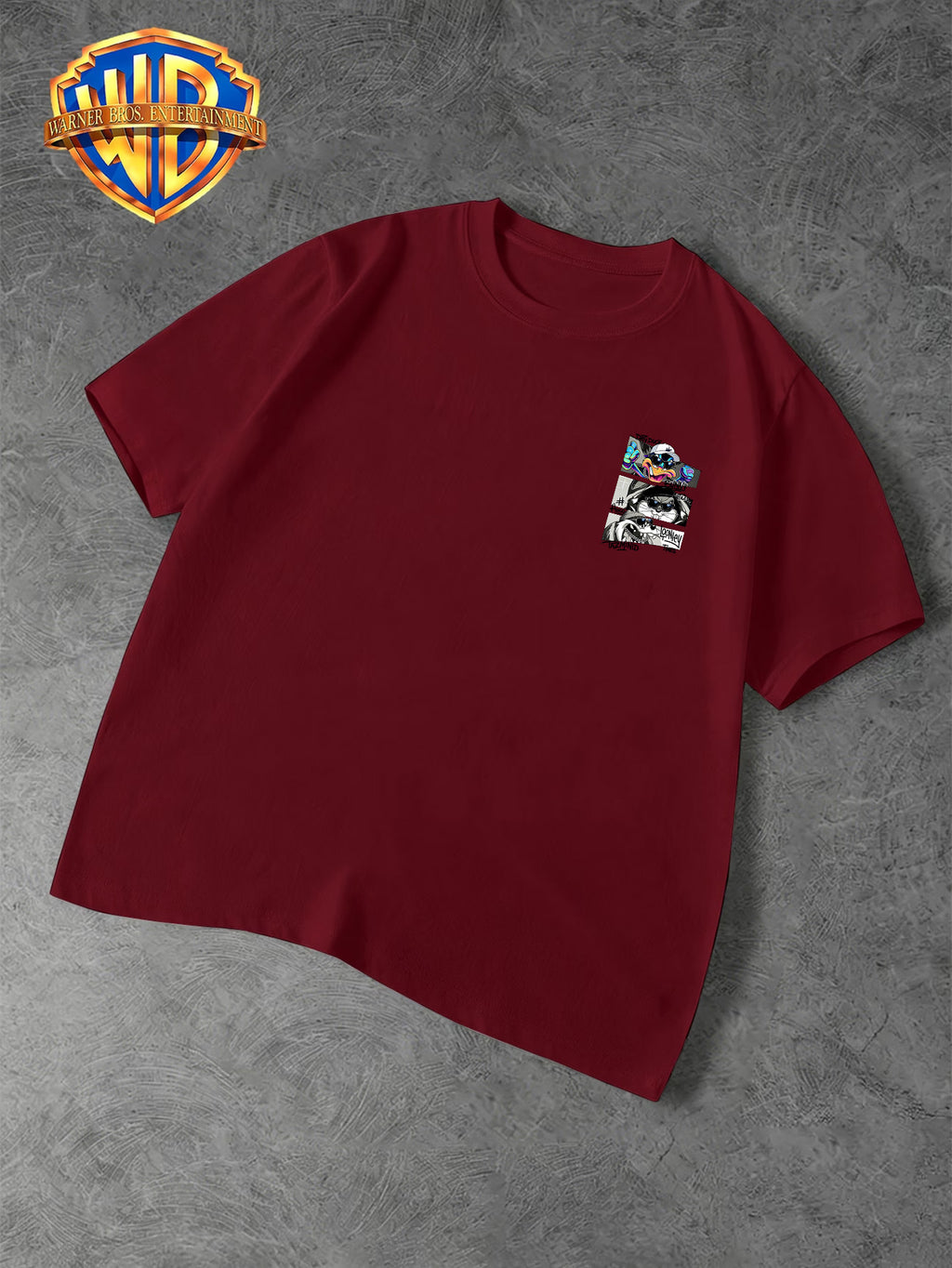 Warner Bros. Official Men's Casual T-Shirt with Double-Sided Print, Featuring a Spliced  Character Streetwear Graphic. Breathable and Comfortable, Versatile for Casual Wear. Print Is Durable, Crack-Resistant, Machine Washable, and Fade-Resistant. - Burgundy
