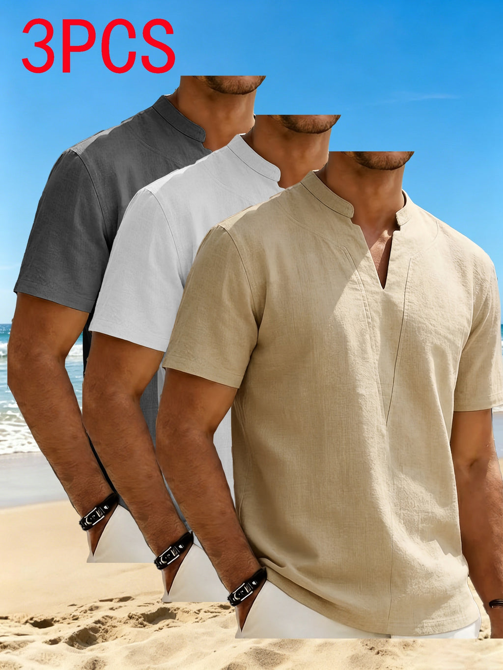 3-pc Men'S Minimalist Summer Casual Shirts, Linen-Feel Short Sleeve Stand Collar V-Neck Pullovers. Soft, Breathable & Loose Comfy Fit, Perfect for Business Casual, Holiday Trips, Weekend Parties And Daily Occasions - Gray+white+khaki