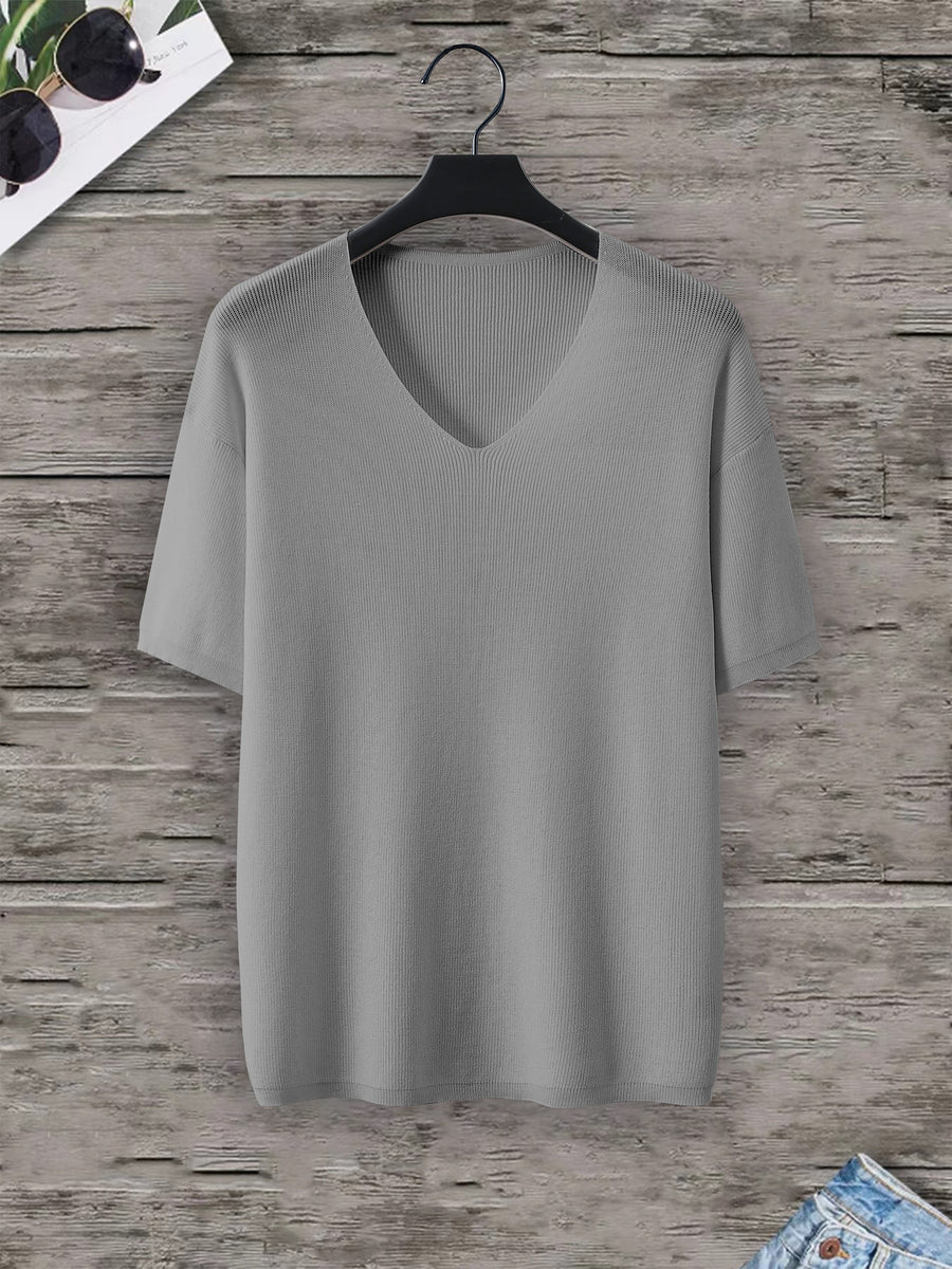 Men'S Loose-Fitting Short-Sleeve Pullover with a V-Neck And Dropped Shoulders, Knit - Grey