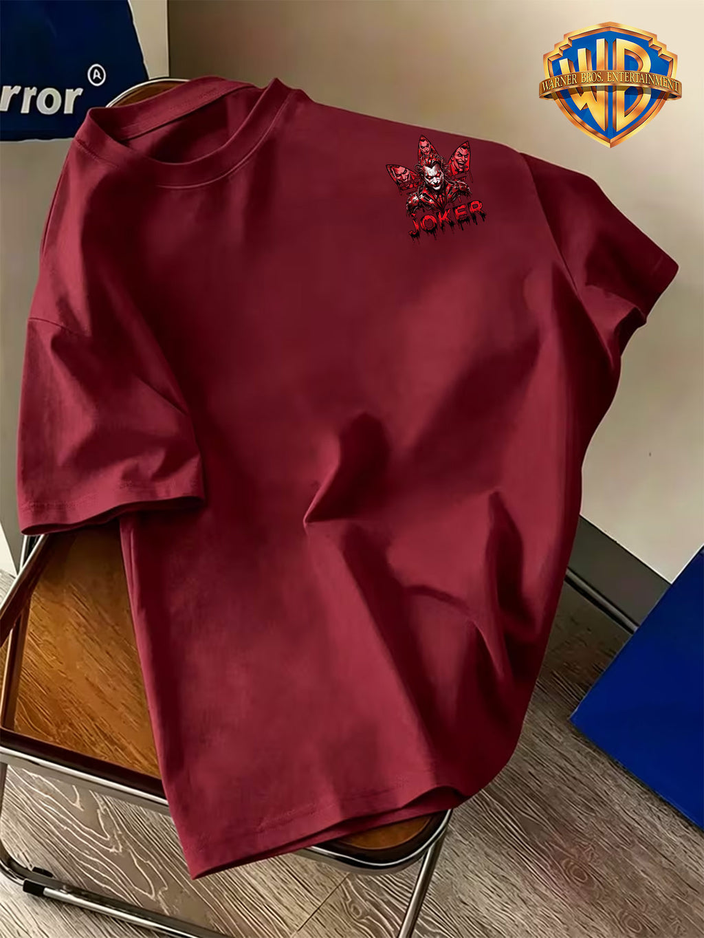 Warner Bros. Official Back-to-School Season Pure Cotton Men's Short-Sleeve T-Shirt, Mechanical Style Red Series with Joker Head Portrait and "JOKER" Enamel-Drop Lettering Creative Graphic Print, Men's Casual Trendy Summer Top, Multiple Sizes - Burgundy