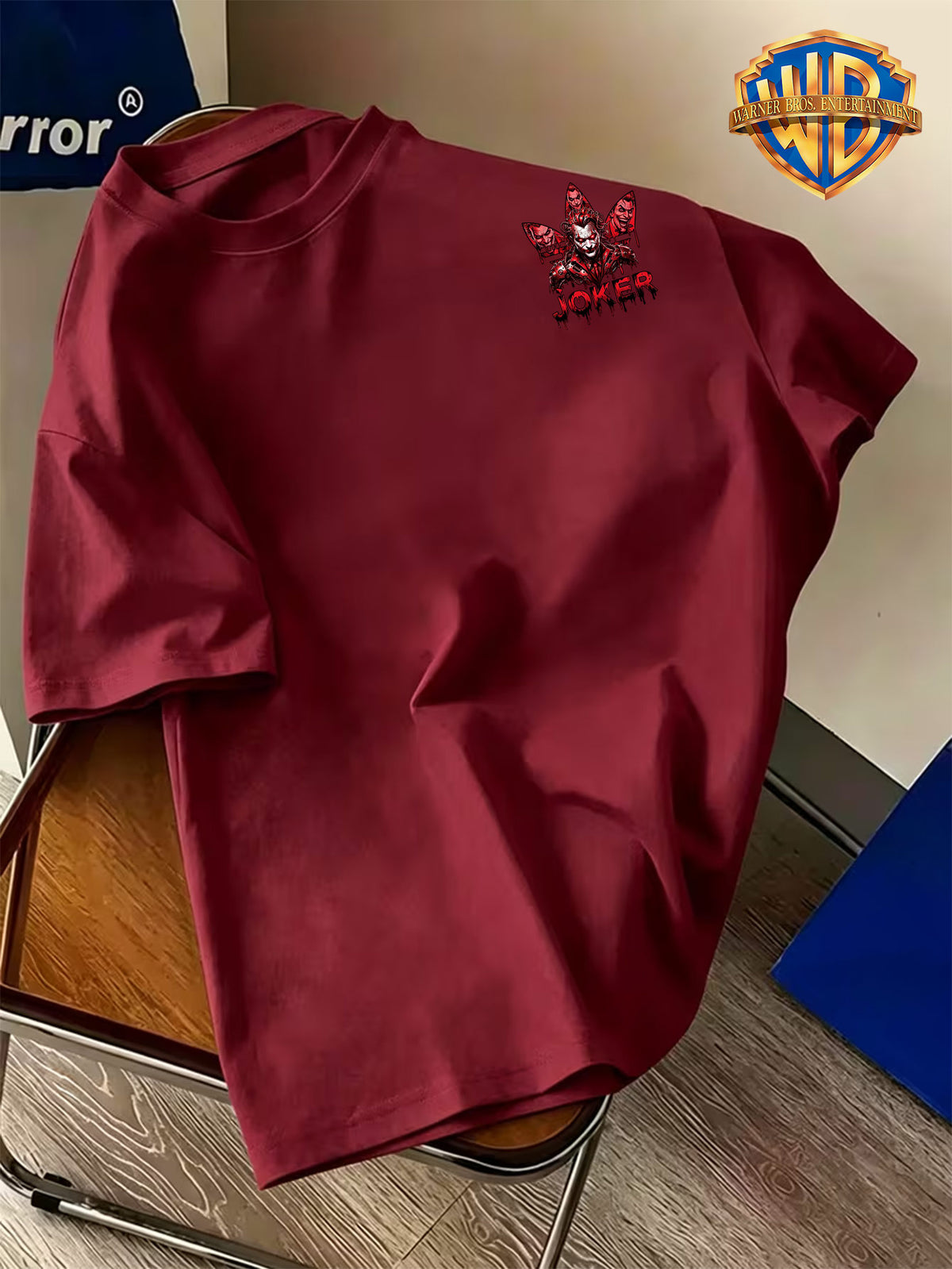 Warner Bros. Official Back-to-School Season Pure Cotton Men's Short-Sleeve T-Shirt, Mechanical Style Red Series with Joker Head Portrait and "JOKER" Enamel-Drop Lettering Creative Graphic Print, Men's Casual Trendy Summer Top, Multiple Sizes - Burgundy