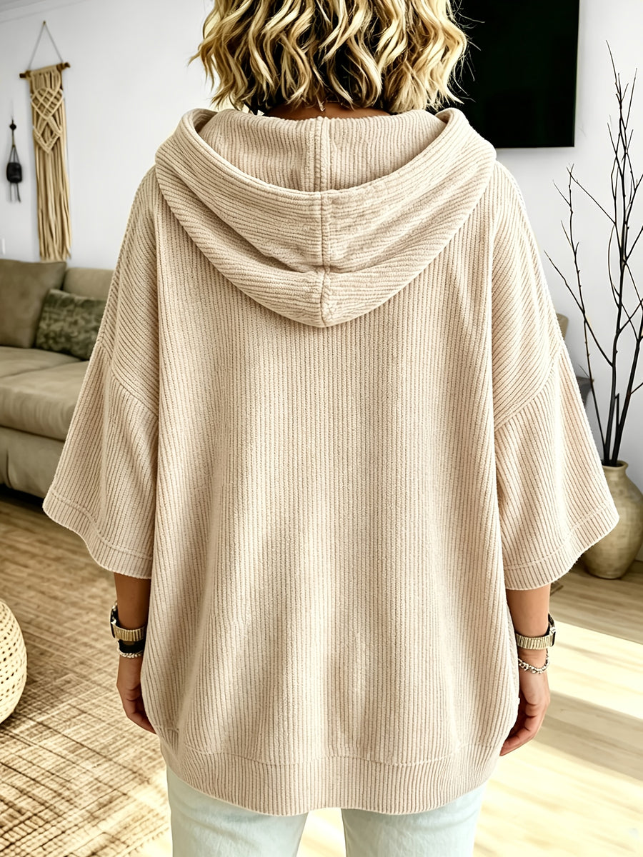 Plus Size - Women'S Casual Corduroy Drawstring Hooded Sweatshirt, Classic Versatile Hooded Top Elegant Women'S Top, Loose Fit Comfortable Sweatshirt Suitable for Commute And Casual Wear Spring/Autumn Clothing - Apricot