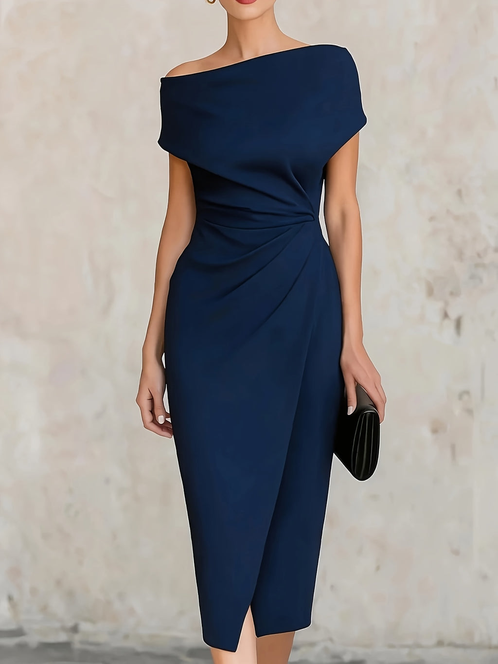 ST26047 One-Shoulder Waist-Cinching Pleated Dress Banquet Commute Slit Evening Dress - Navy Color