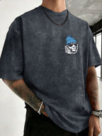 Men's Heavyweight Washed Distressed Loose-Fit Short-Sleeve T-Shirt with Reversible Print, Available in 12 Colors for Mix & Match, National Trend Y2K Style for Daily Commuting, Sports, Fitness, Couples, Streetwear, and Outings - Navy Color