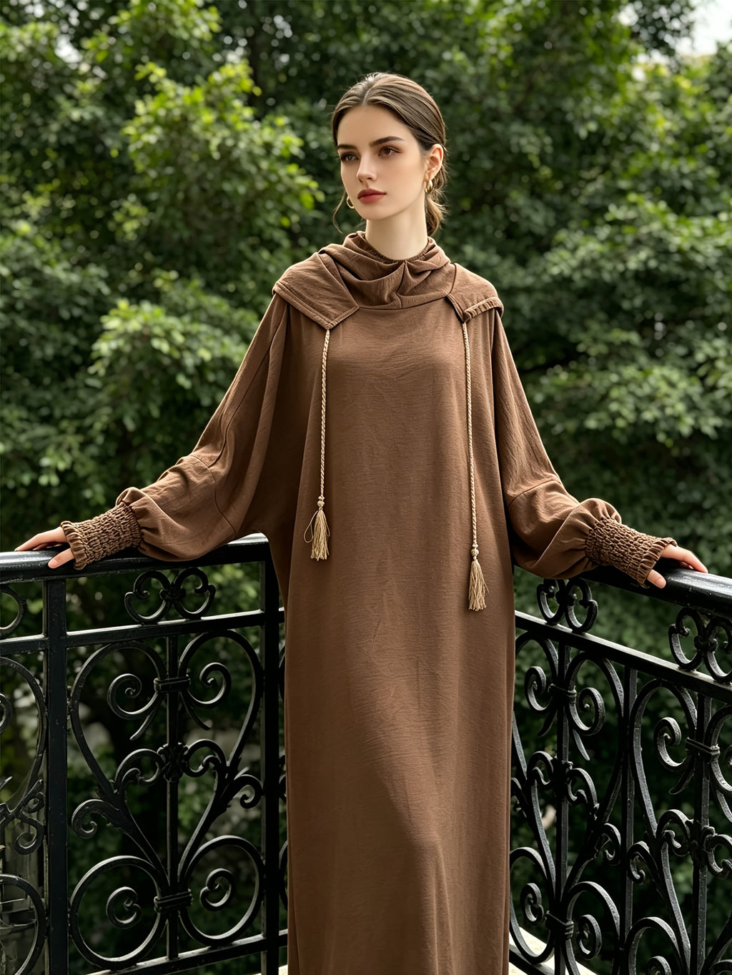 Plus Size - 1pc Women'S Hooded Double-Layer Abaya Dress, Casual Loose Breathable Prayer Robe, Suitable for Daily Wear Or Gifting - Khaki