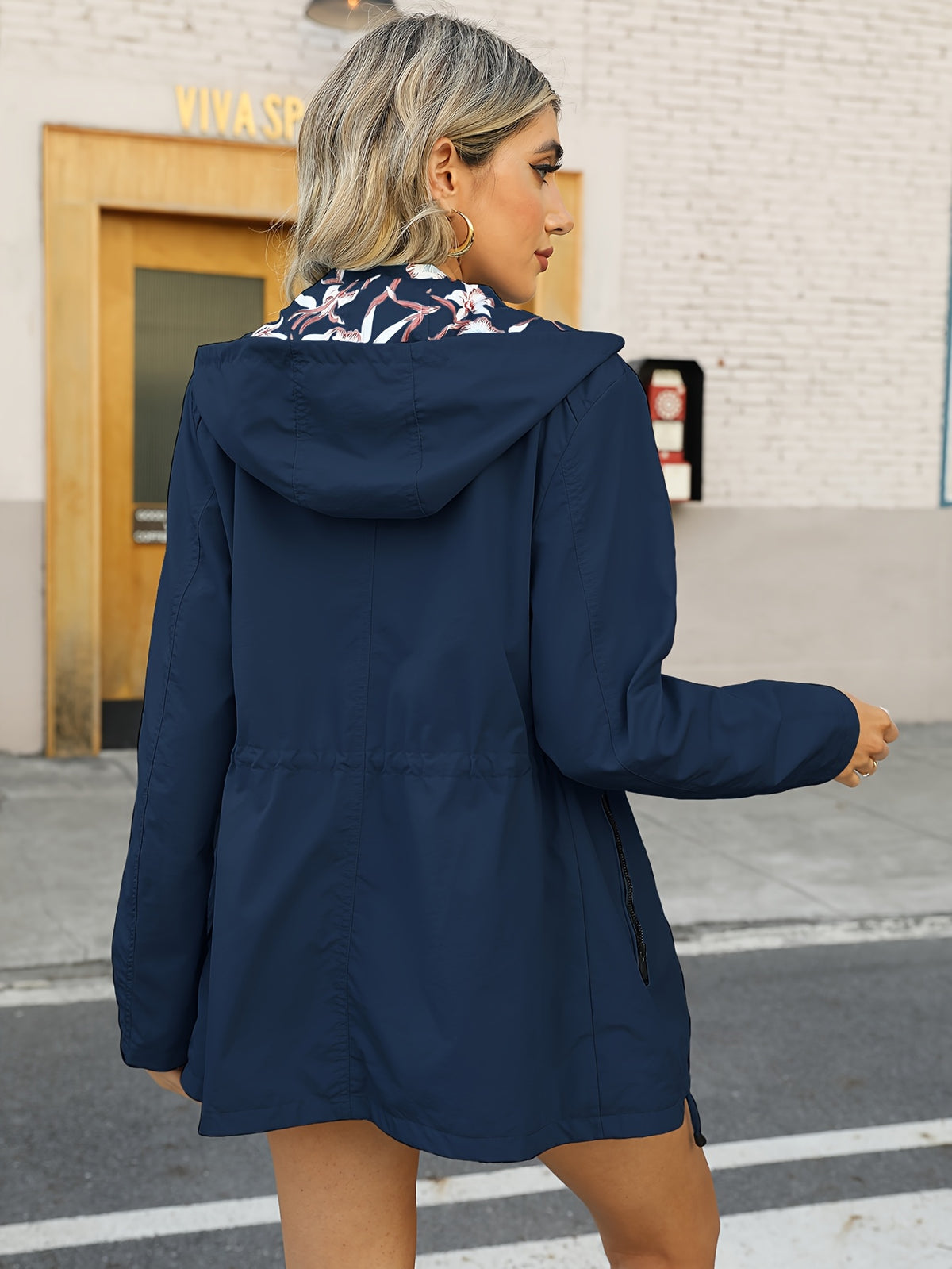 Double-Sided Jacket Women'S Spring And Autumn, Two-Sided Wear, Casual Hooded Jacket, Versatile Lightweight Print (Wash Label Size Label Inside Pocket) - Navy blue color