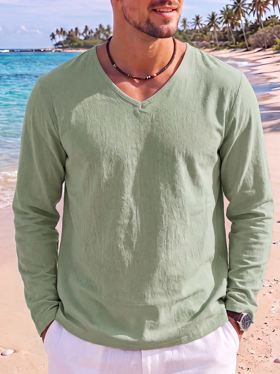 Men's 2pcs V-Neck Long Sleeve Linen T-Shirt, Breathable Loose Solid Color Top for Beach Outings and Daily Casual Wear - Light Blue + Light Green