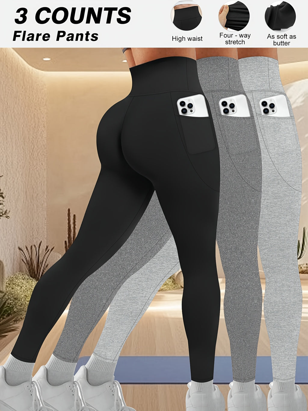 Plus Size - Plus Size - Set of 3 Plus-Size High-Waisted Tight Leggings for Women, Suitable for Outdoor And Workouts. The Fabric Is Highly Elastic, Providing Tummy Control And a Effect. Features Side Pockets for Phone Storage - 1 black 1 dark heather gray 1 light heather gray