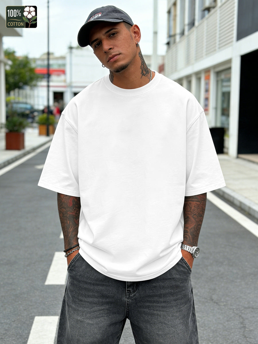 Bla Bla Print Men'S Pure Oversized T-Shirt, Casual Comfortable Versatile Short Sleeve Tee - White
