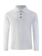 Men'S Linen Long Sleeve Polo Shirt with Chest Pocket - White