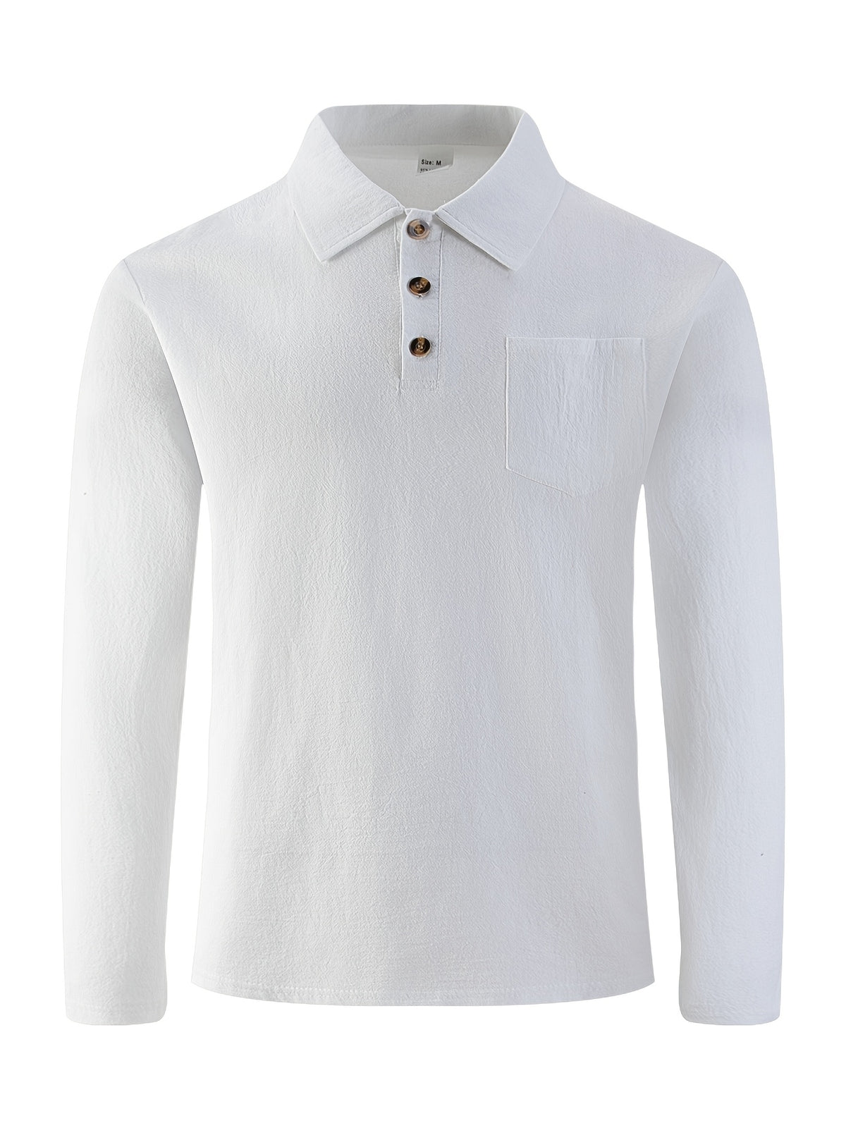 Men'S Linen Long Sleeve Polo Shirt with Chest Pocket - White