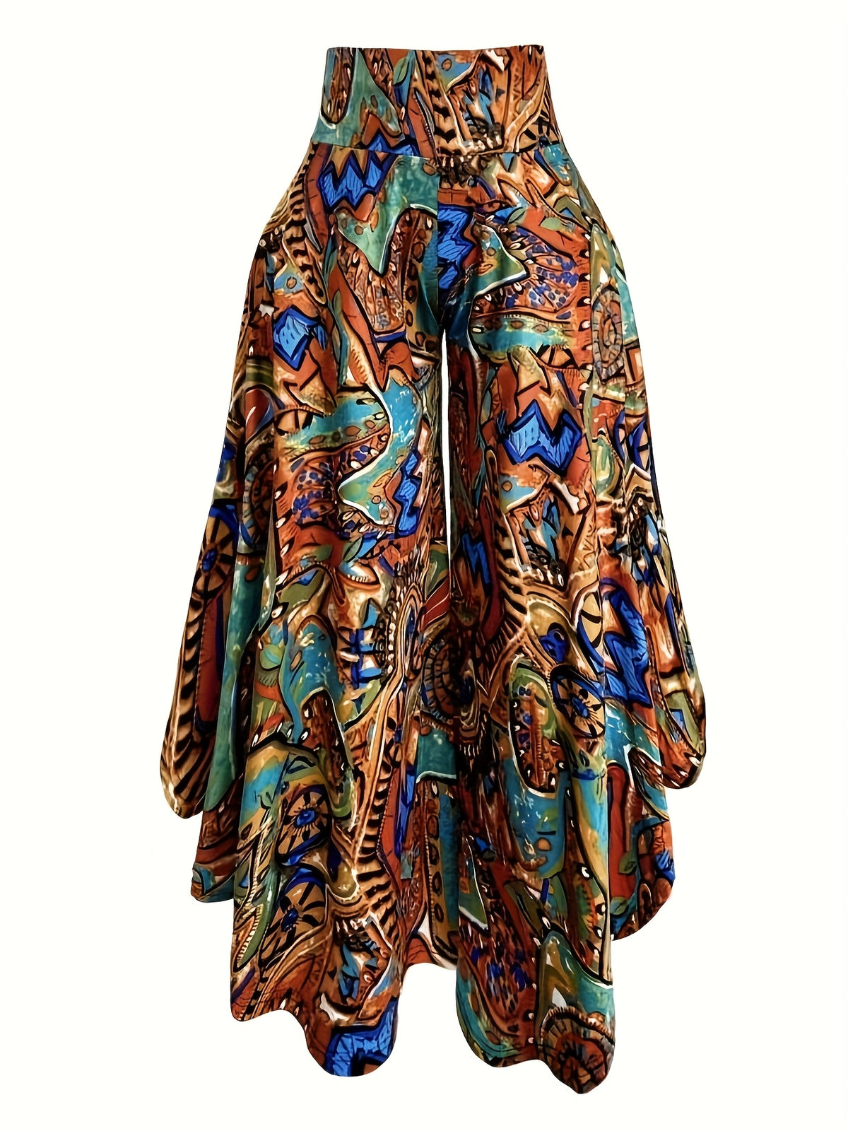 High-Waisted Paisley Print Casual Wide-Leg Pants for Women in Spring And Summer, Featuring Asymmetrical Ruffled Hems And an Elastic Waistband for a Relaxed Fit - Bronze