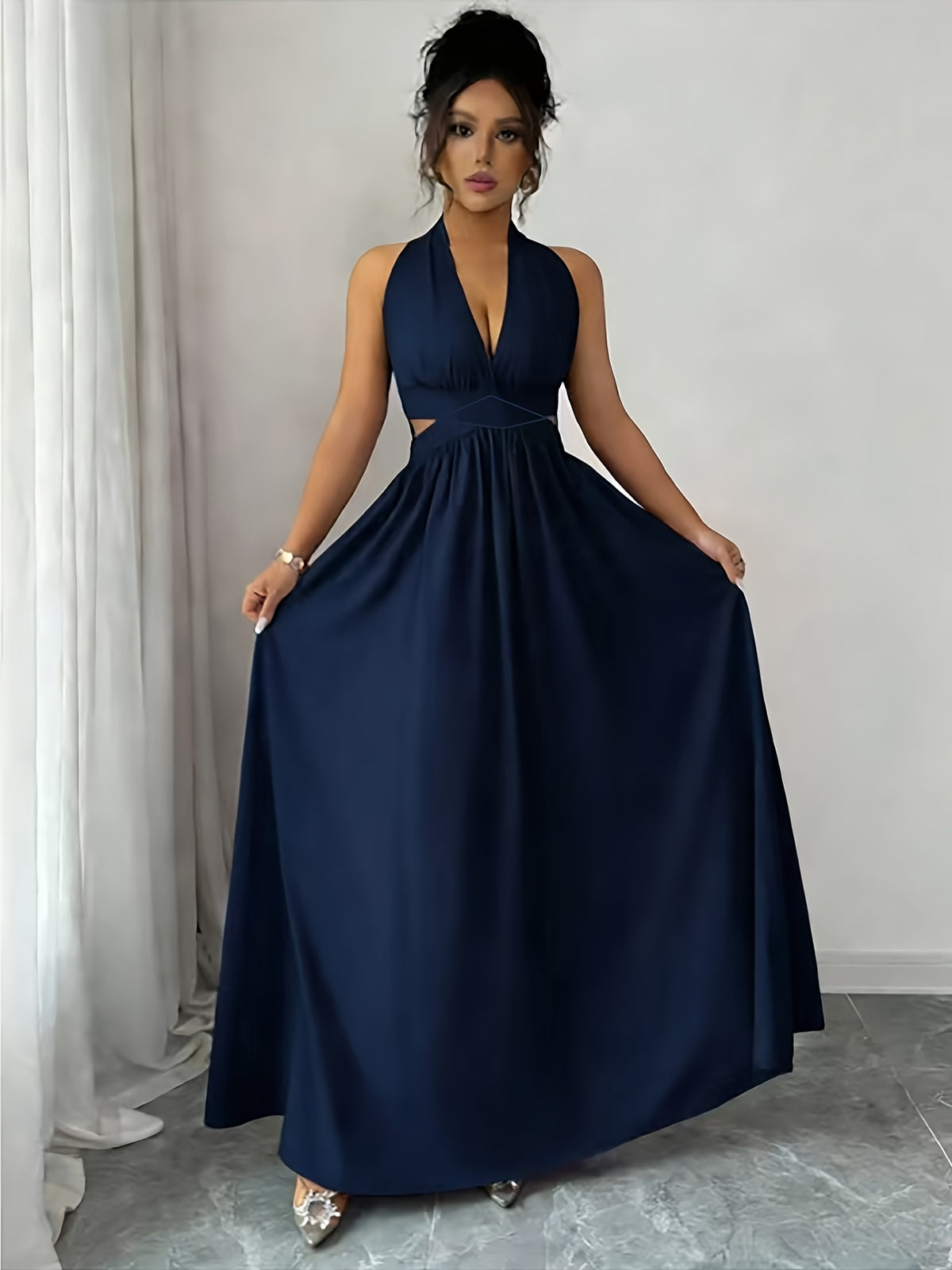 Women's Elegant Navy Blue Halter Backless Bridesmaid Dress - Deep V-Neck Wedding Dress with Shirred Waist & Elastic A-Line Hem, Machine Washable Suitable for Banquet, Party, Prom, Special Occasions, Non- Solid Color - Navy Color