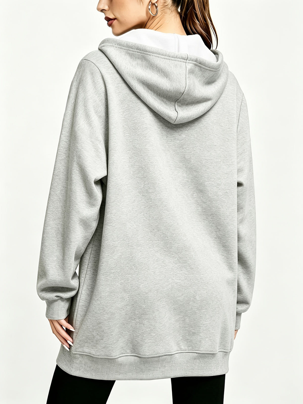 Women's Long Hooded Sweatshirt Jacket, Autumn/Winter Thick Hoodie, Versatile Loose Fit Casual Long Sleeve Zip-Up Cardigan Jacket - Grey