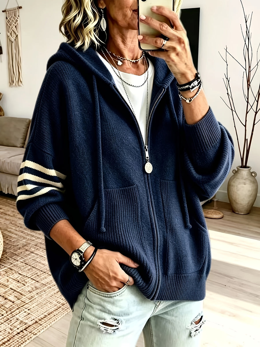 Plus Size - Women'S Casual Hooded Sweater Jacket with Zipper, Loose Fit Women'S Sweater Jacket, Suitable for Women with Beautiful Curves in Autumn And Winter, Suitable for Casual Wear, Commuting, And Cloud-Like Style - Navy Color