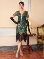 1920S Vintage Sequin Dress Gatsby Party Tassel Dress Evening Banquet Dance Dress Sequined Dress (Single Dress, Gloves And Additions Not Included) - Golden Green