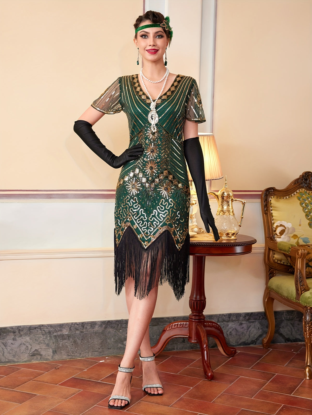 1920S Vintage Sequin Dress Gatsby Party Tassel Dress Evening Banquet Dance Dress Sequined Dress (Single Dress, Gloves And Additions Not Included) - Golden Green