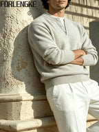 FORLENGKE Fall and Winter Men's Henry Collar Button Knit Sweater, Vintage Style Pullover, Casual and Commuter-Friendly, Simple and Versatile Top for Young and Middle-Aged Men, Comfortable and Skin-Friendly Knit for Layering or Wearing Alone - Apricot