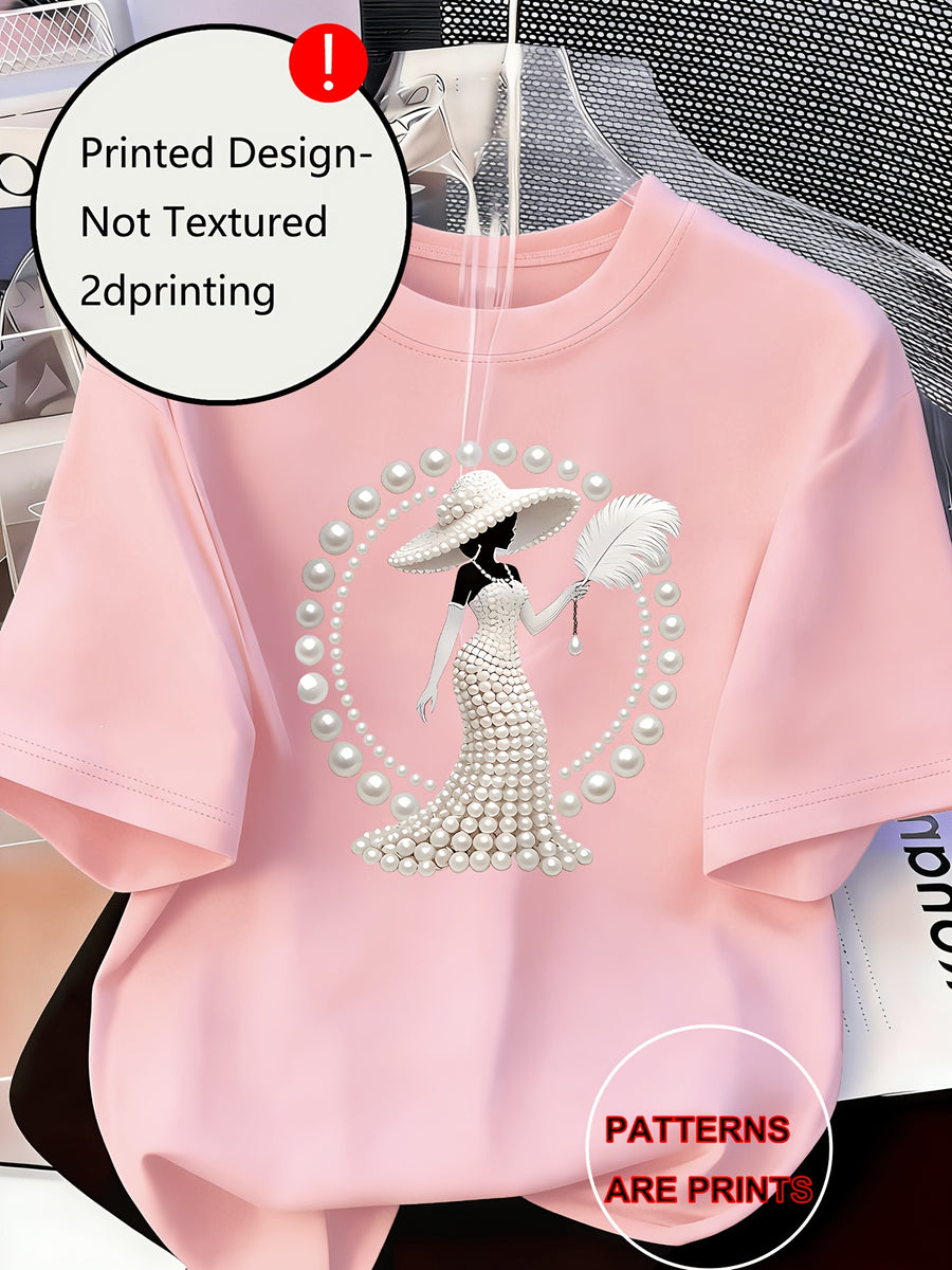 Printed Design Casual Crew Neck T-Shirt, Spring/Summer Fashion Women's T-Shirt [Printed Design – Not Textured] - Pink