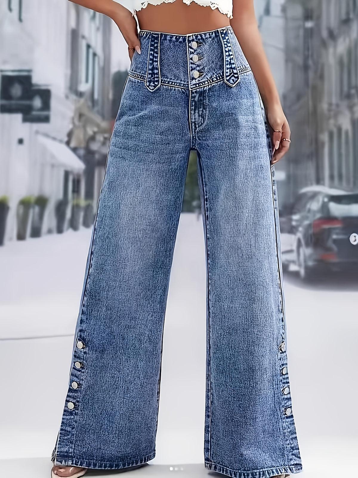 Western Retro Straight Button-Fly High-Waist Women'S High-Stretch Jeans - Deep Blue